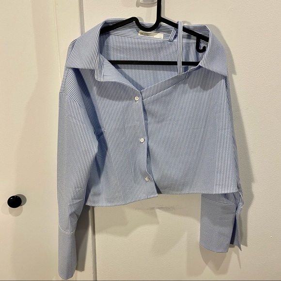 NWOT Oak + Fort Off-Shoulder Blouse in Blue/White Stripes - Picture 4 of 7